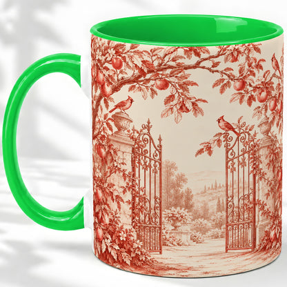 #pl[11oz|Green] Red Toile Garden Mug, Ceramic Mug with Cardinal and Apple Artwork