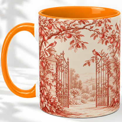 #pl[11oz|Orange] Red Toile Garden Mug, Ceramic Mug with Cardinal and Apple Artwork