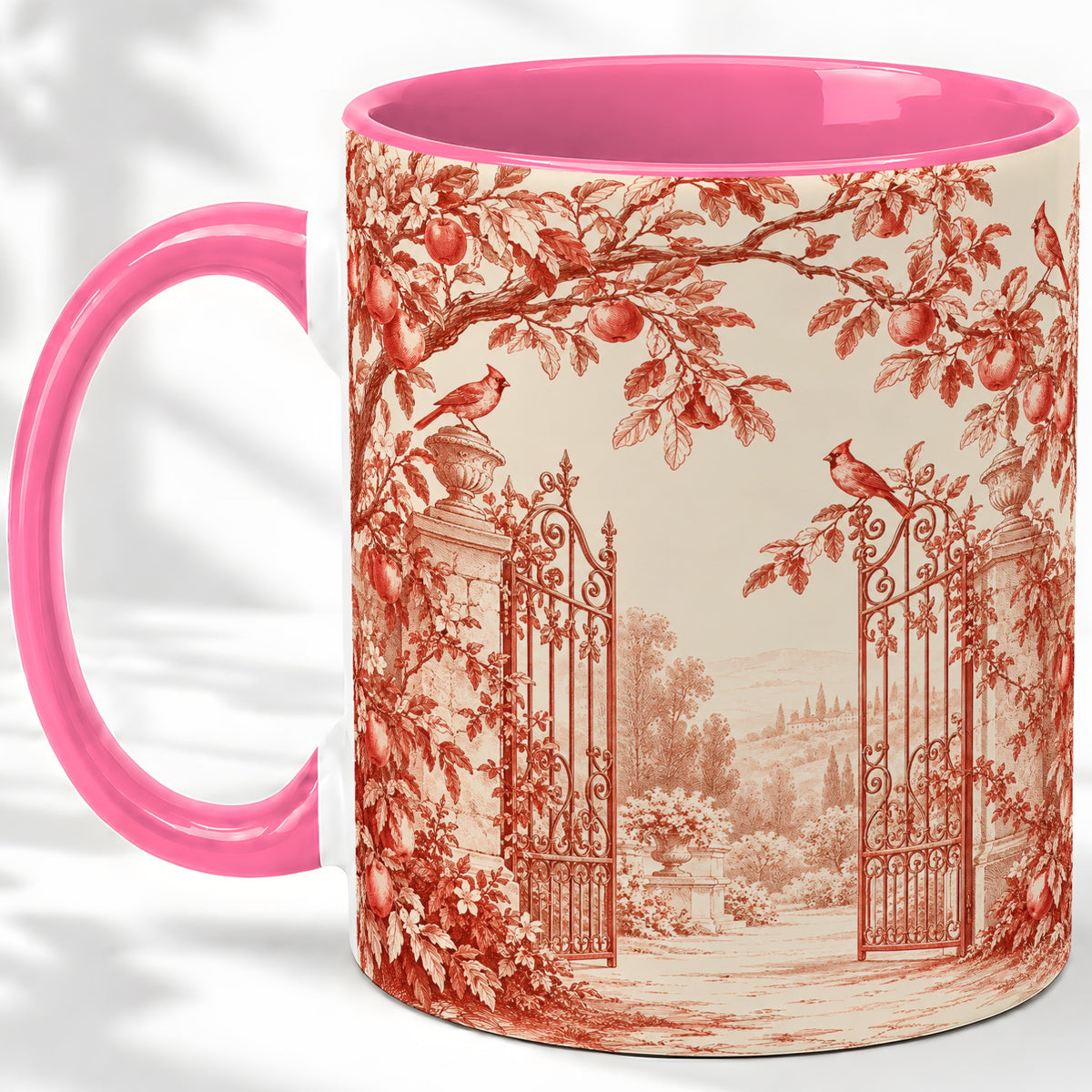 #pl[11oz|Pink] Red Toile Garden Mug, Ceramic Mug with Cardinal and Apple Artwork