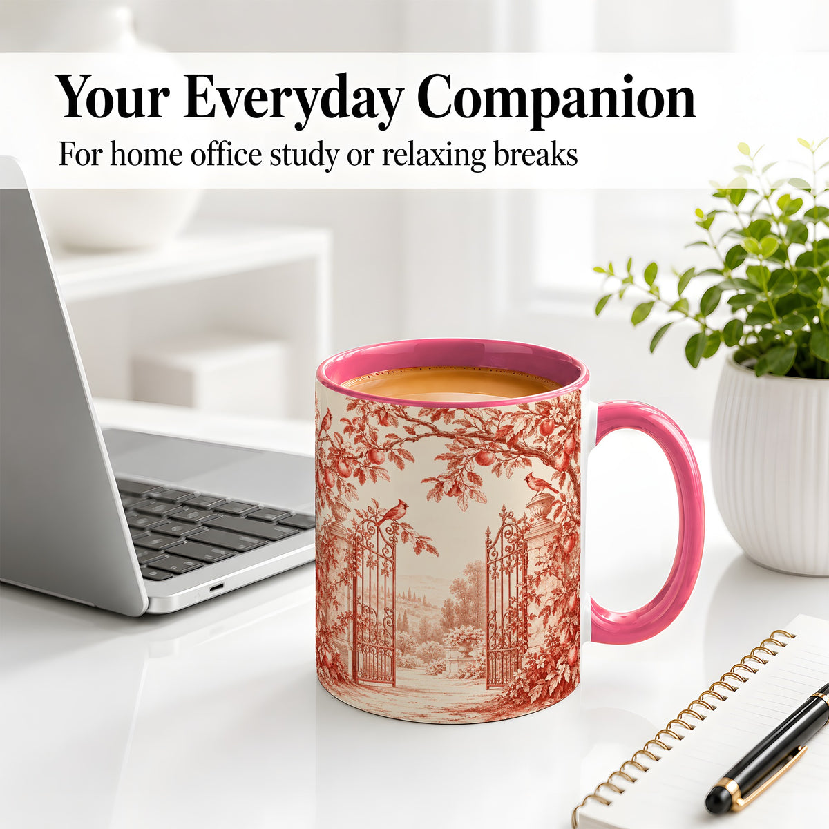 #pl[11oz|Pink] Red Toile Garden Mug, Ceramic Mug with Cardinal and Apple Artwork