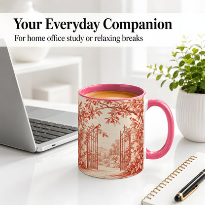 #pl[11oz|Pink] Red Toile Garden Mug, Ceramic Mug with Cardinal and Apple Artwork