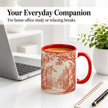 #pl[11oz|Red] Red Toile Garden Mug, Ceramic Mug with Cardinal and Apple Artwork