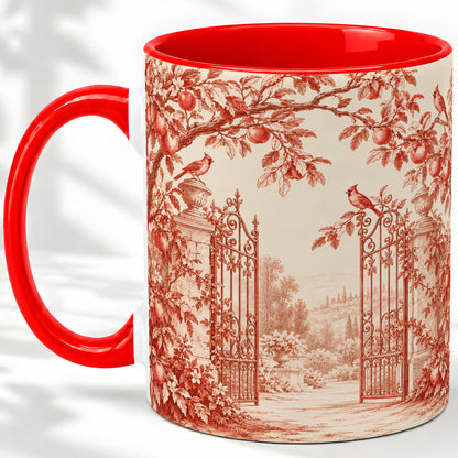Red Toile Garden Mug, Ceramic Mug with Cardinal and Apple Artwork