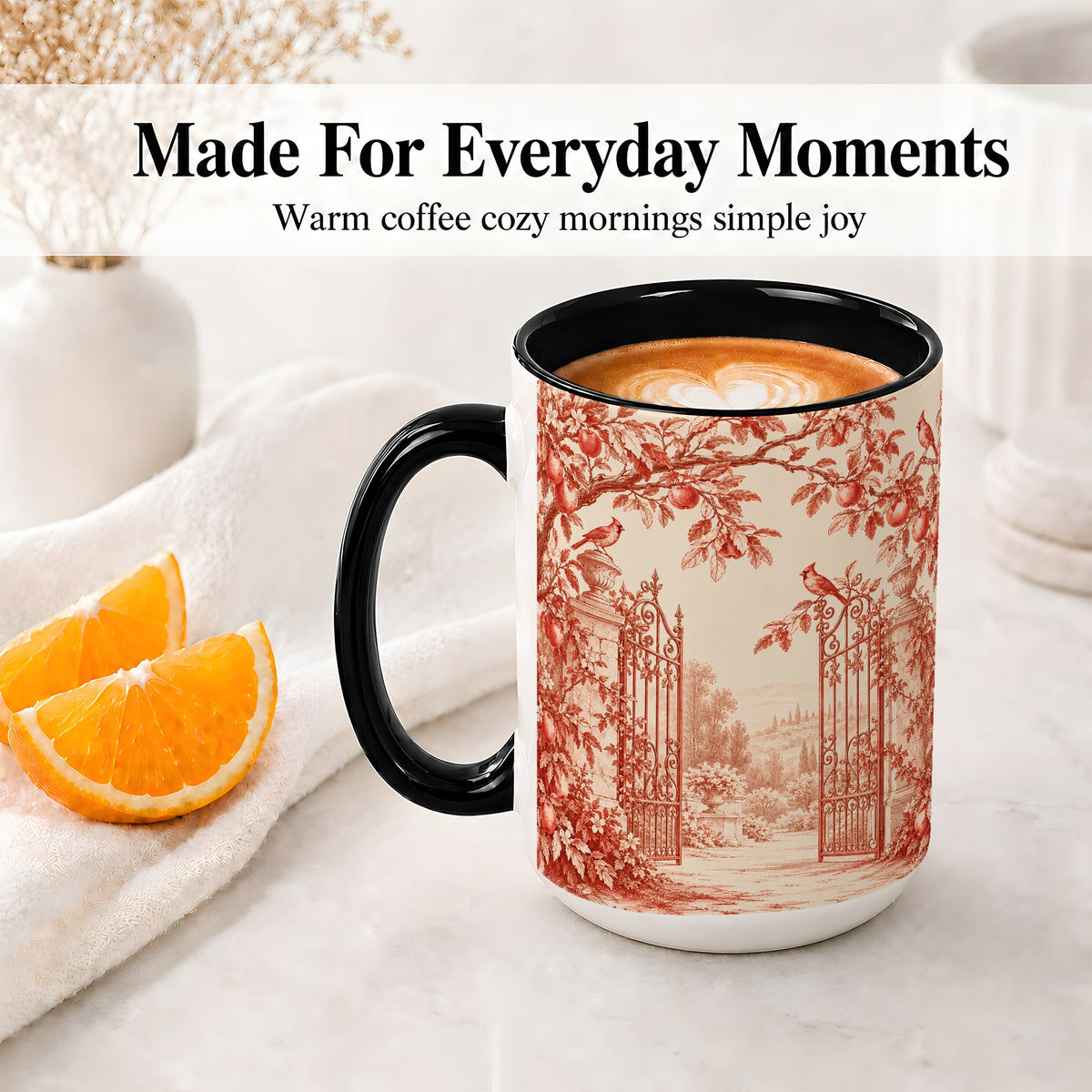 #pl[15oz|Black] Red Toile Garden Mug, Ceramic Mug with Cardinal and Apple Artwork