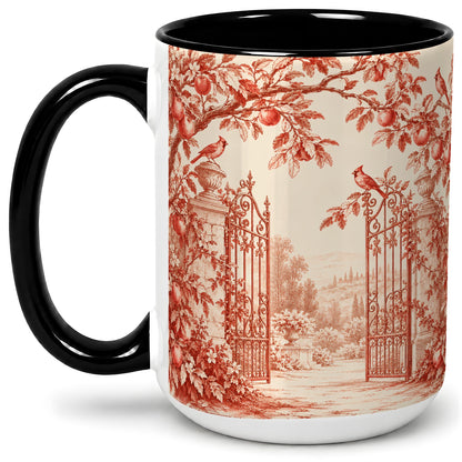 #pl[15oz|Black] Red Toile Garden Mug, Ceramic Mug with Cardinal and Apple Artwork