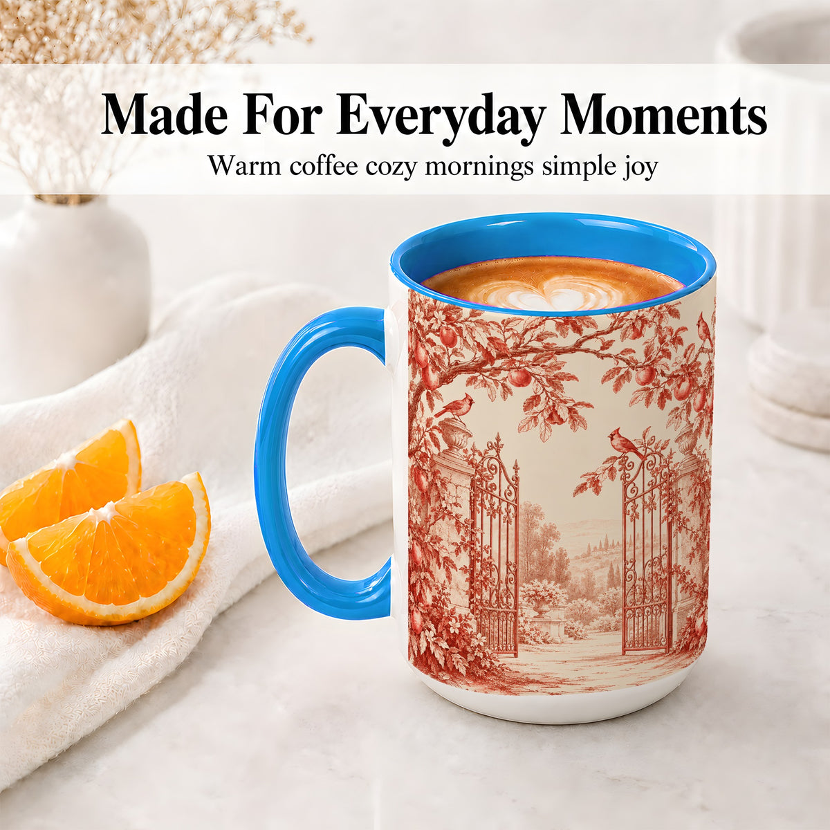 #pl[15oz|Blue] Red Toile Garden Mug, Ceramic Mug with Cardinal and Apple Artwork
