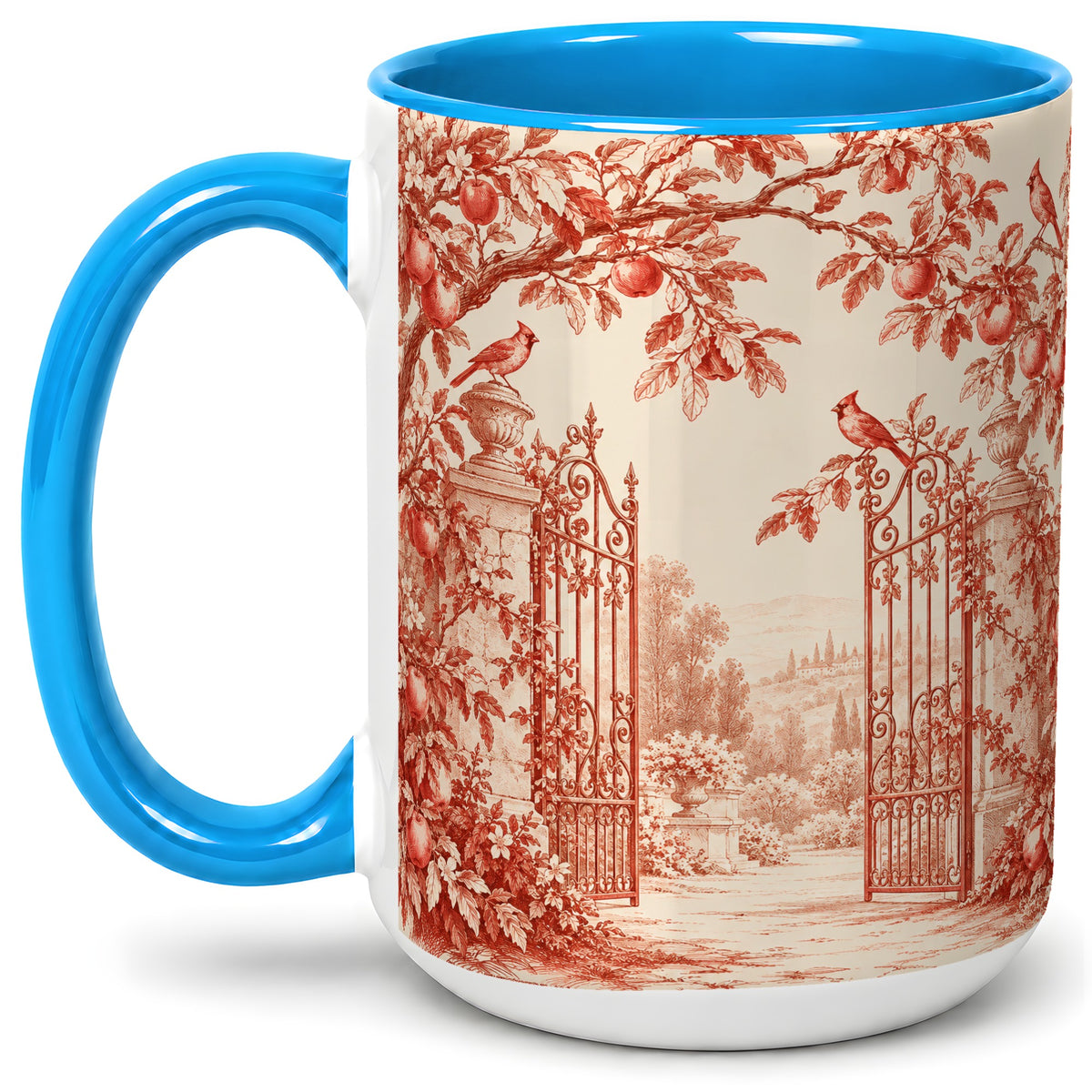 #pl[15oz|Blue] Red Toile Garden Mug, Ceramic Mug with Cardinal and Apple Artwork
