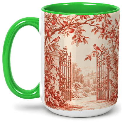 #pl[15oz|Green] Red Toile Garden Mug, Ceramic Mug with Cardinal and Apple Artwork