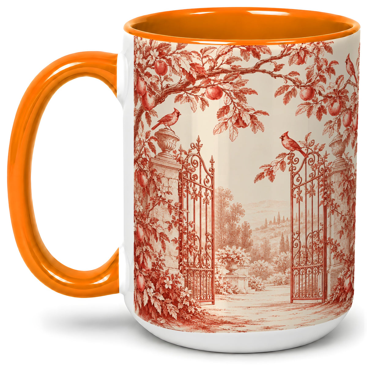#pl[15oz|Orange] Red Toile Garden Mug, Ceramic Mug with Cardinal and Apple Artwork