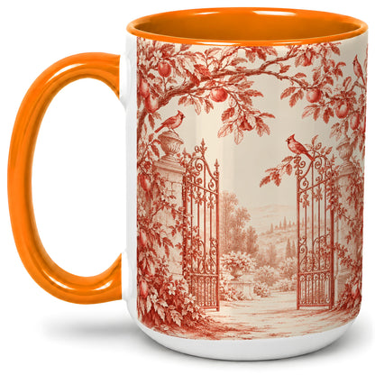 #pl[15oz|Orange] Red Toile Garden Mug, Ceramic Mug with Cardinal and Apple Artwork