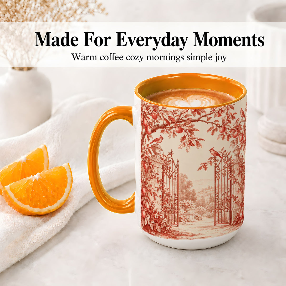 #pl[15oz|Orange] Red Toile Garden Mug, Ceramic Mug with Cardinal and Apple Artwork