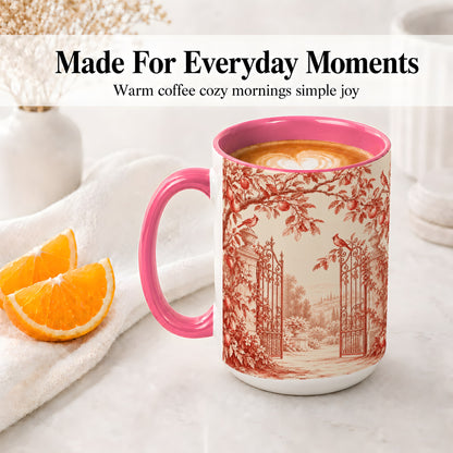 #pl[15oz|Pink] Red Toile Garden Mug, Ceramic Mug with Cardinal and Apple Artwork