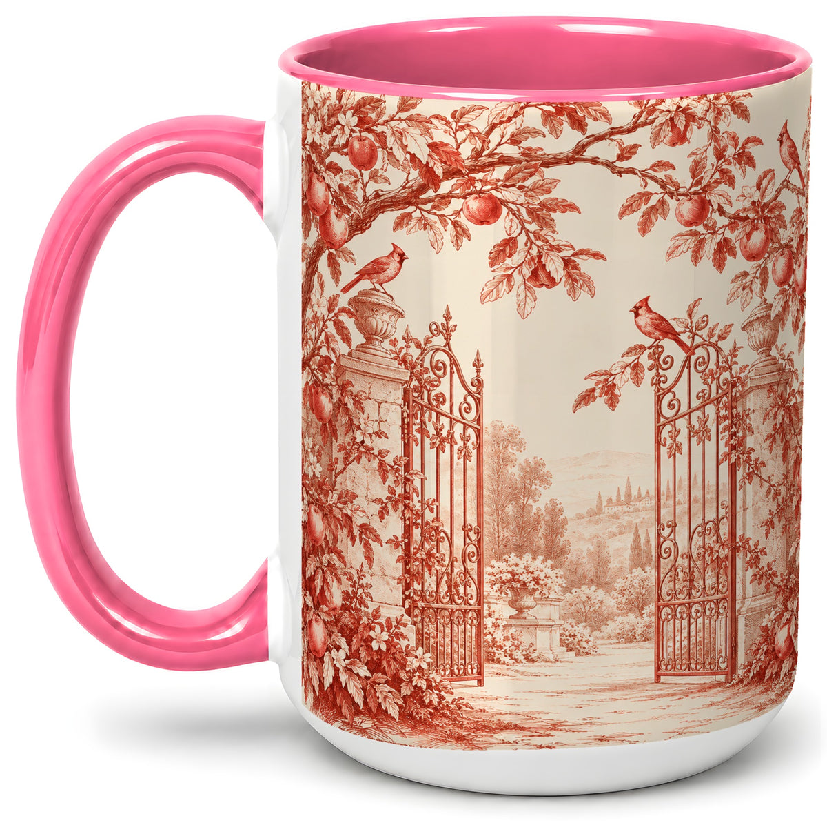 #pl[15oz|Pink] Red Toile Garden Mug, Ceramic Mug with Cardinal and Apple Artwork