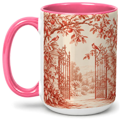 #pl[15oz|Pink] Red Toile Garden Mug, Ceramic Mug with Cardinal and Apple Artwork