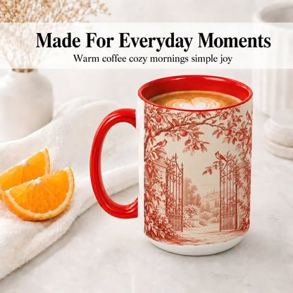 #pl[15oz|Red] Red Toile Garden Mug, Ceramic Mug with Cardinal and Apple Artwork