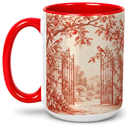 #pl[15oz|Red] Red Toile Garden Mug, Ceramic Mug with Cardinal and Apple Artwork