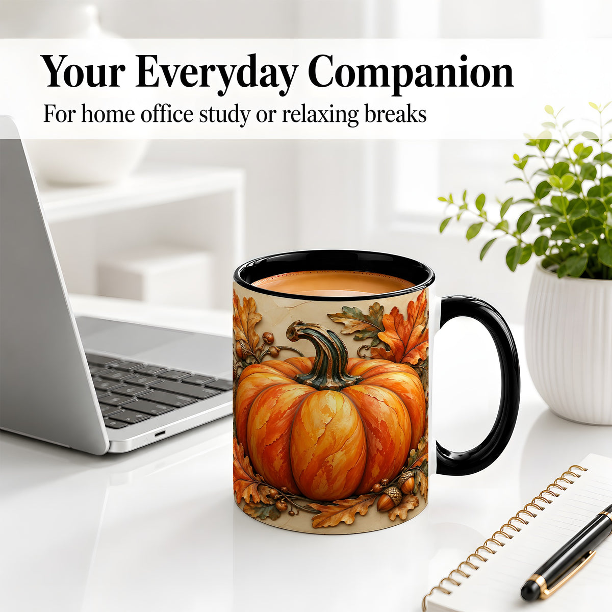 #pl[11oz|Black] Autumn Pumpkin Mug, Ceramic Mug with Oak Leaves and Acorns