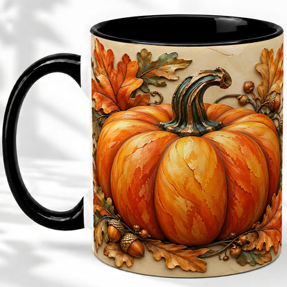 #pl[11oz|Black] Autumn Pumpkin Mug, Ceramic Mug with Oak Leaves and Acorns