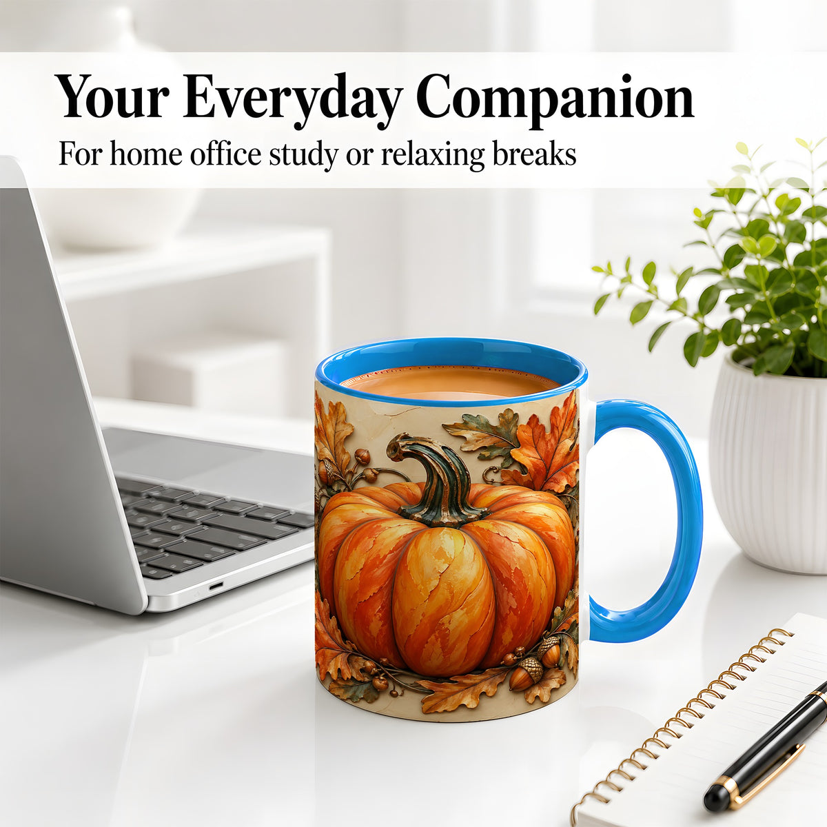 #pl[11oz|Blue] Autumn Pumpkin Mug, Ceramic Mug with Oak Leaves and Acorns