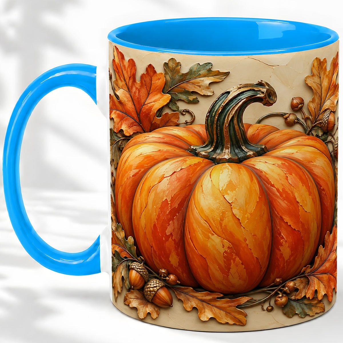 #pl[11oz|Blue] Autumn Pumpkin Mug, Ceramic Mug with Oak Leaves and Acorns