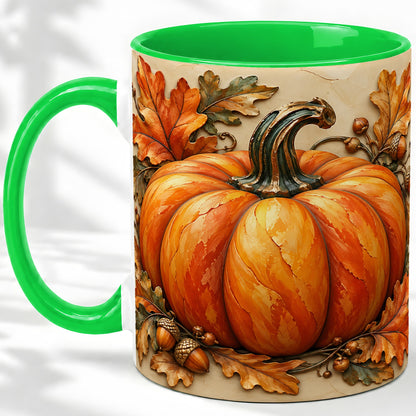 #pl[11oz|Green] Autumn Pumpkin Mug, Ceramic Mug with Oak Leaves and Acorns