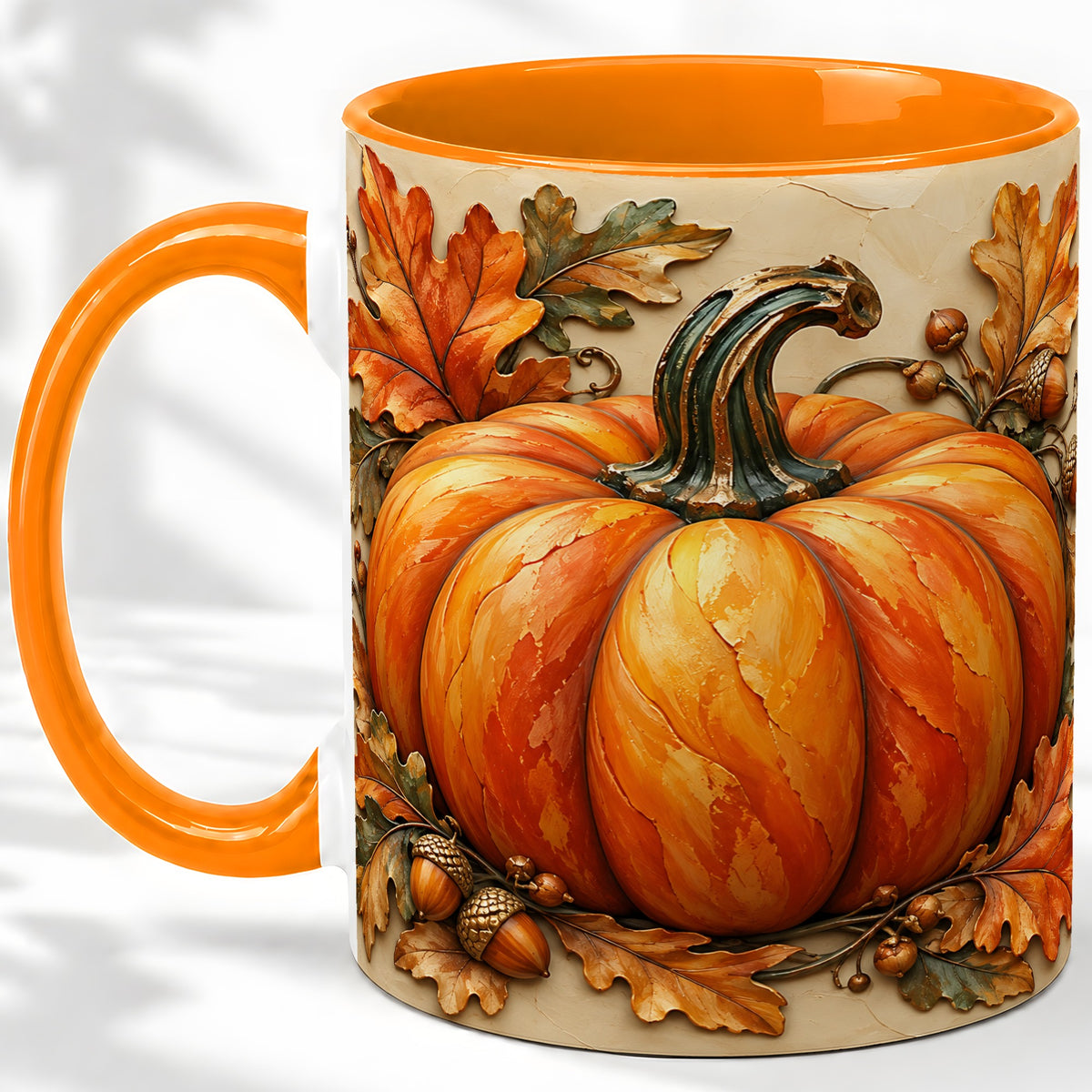 #pl[11oz|Orange] Autumn Pumpkin Mug, Ceramic Mug with Oak Leaves and Acorns