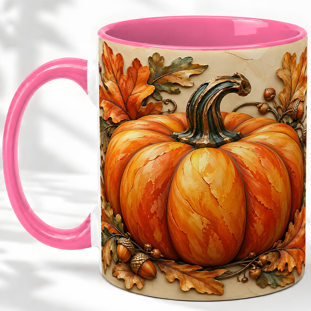 #pl[11oz|Pink] Autumn Pumpkin Mug, Ceramic Mug with Oak Leaves and Acorns