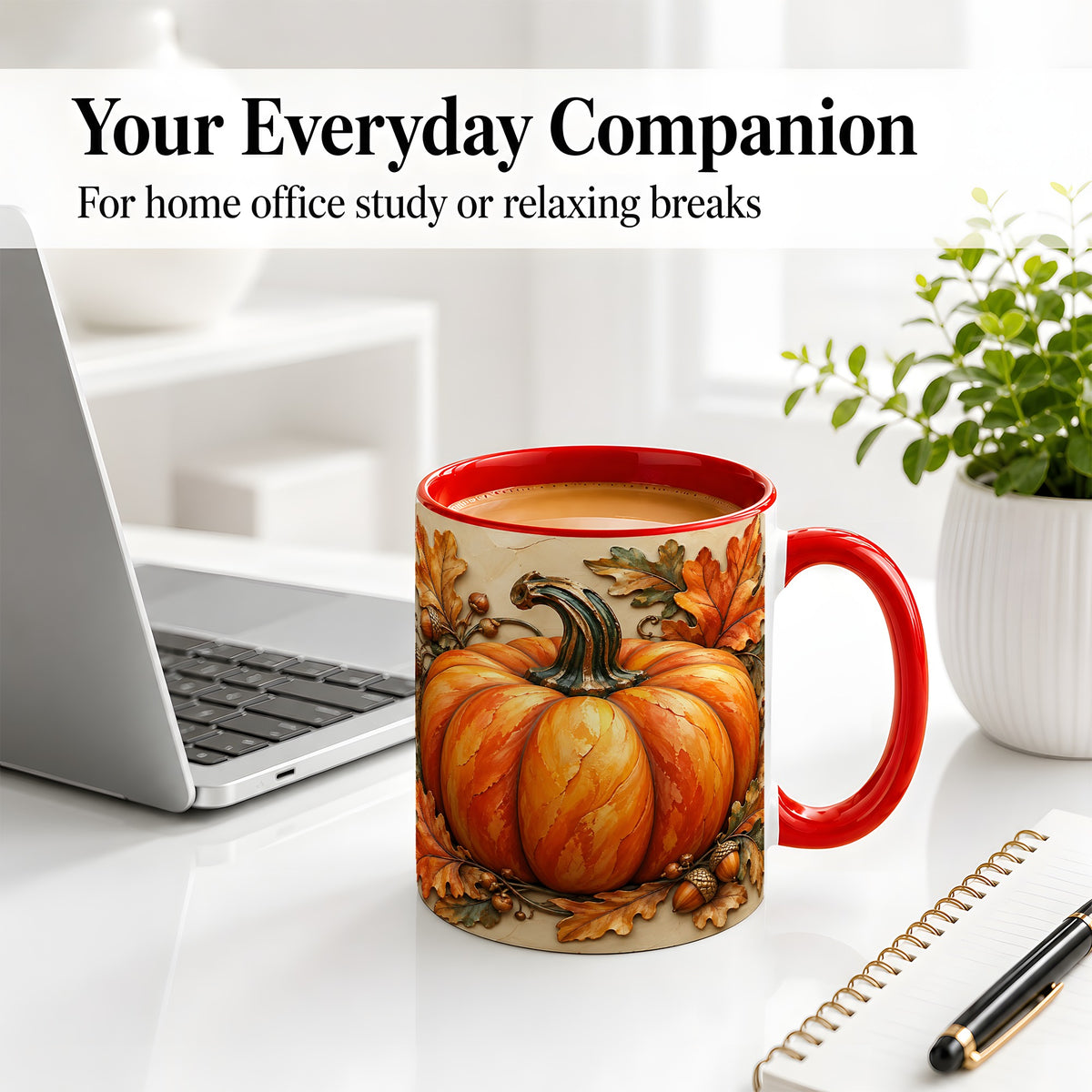 #pl[11oz|Red] Autumn Pumpkin Mug, Ceramic Mug with Oak Leaves and Acorns