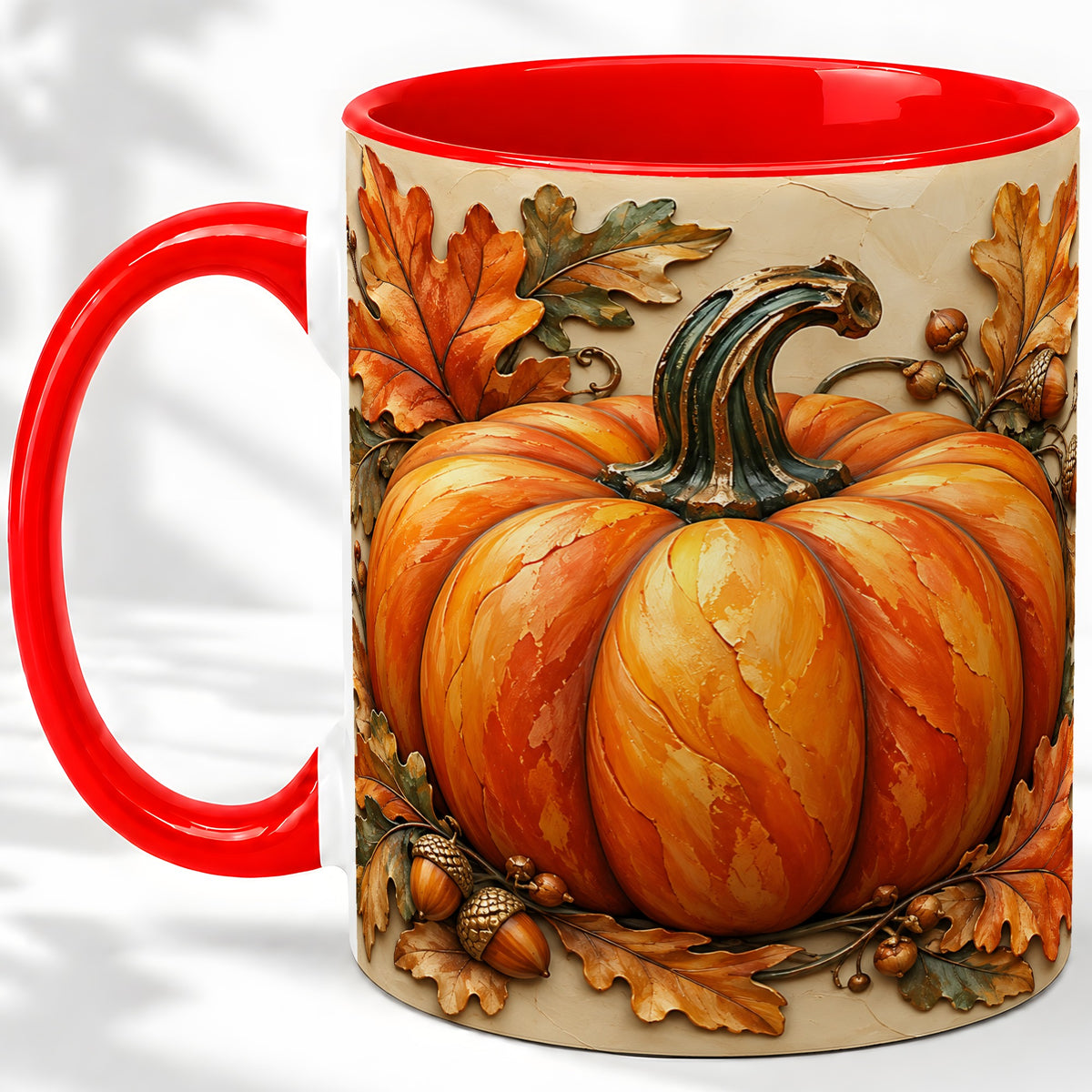 Autumn Pumpkin Mug, Ceramic Mug with Oak Leaves and Acorns