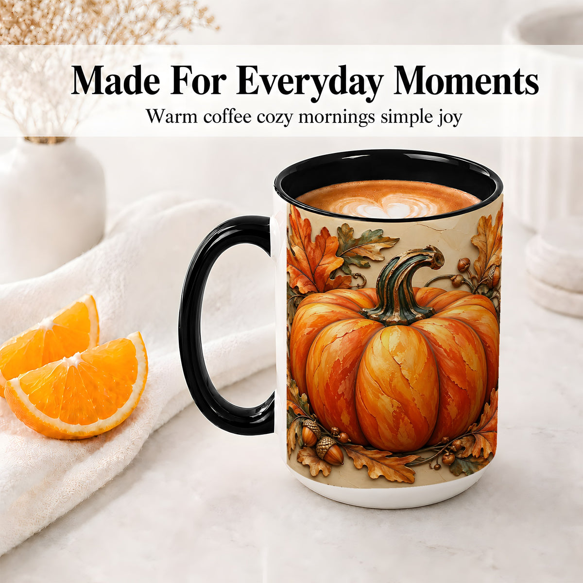#pl[15oz|Black] Autumn Pumpkin Mug, Ceramic Mug with Oak Leaves and Acorns