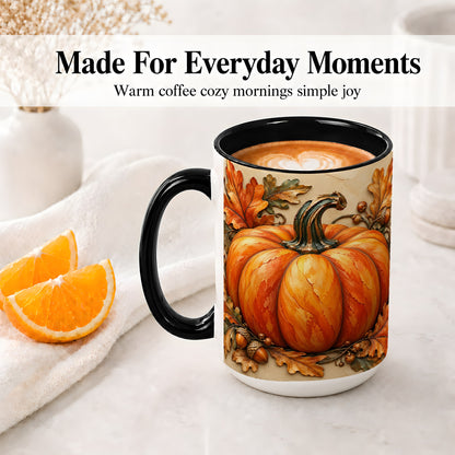 #pl[15oz|Black] Autumn Pumpkin Mug, Ceramic Mug with Oak Leaves and Acorns
