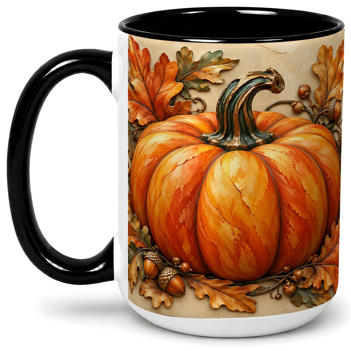#pl[15oz|Black] Autumn Pumpkin Mug, Ceramic Mug with Oak Leaves and Acorns