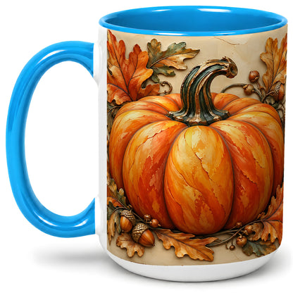 #pl[15oz|Blue] Autumn Pumpkin Mug, Ceramic Mug with Oak Leaves and Acorns