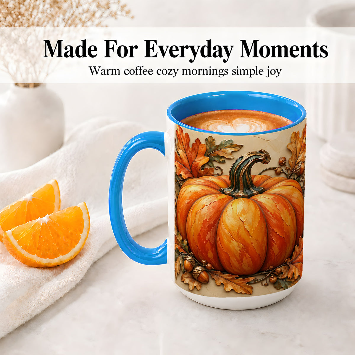 #pl[15oz|Blue] Autumn Pumpkin Mug, Ceramic Mug with Oak Leaves and Acorns
