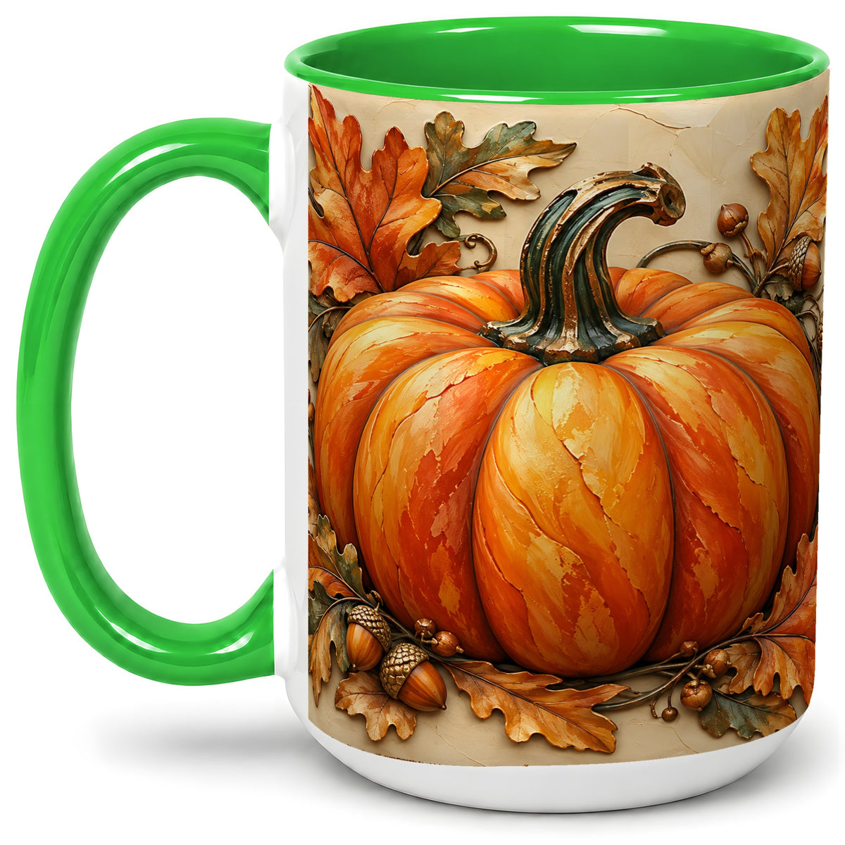 #pl[15oz|Green] Autumn Pumpkin Mug, Ceramic Mug with Oak Leaves and Acorns