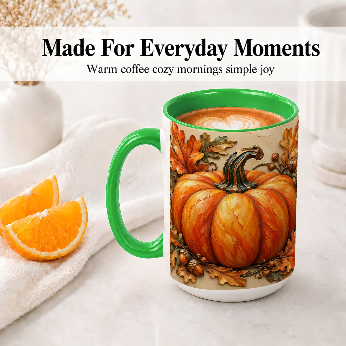 #pl[15oz|Green] Autumn Pumpkin Mug, Ceramic Mug with Oak Leaves and Acorns