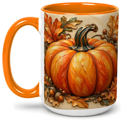 #pl[15oz|Orange] Autumn Pumpkin Mug, Ceramic Mug with Oak Leaves and Acorns