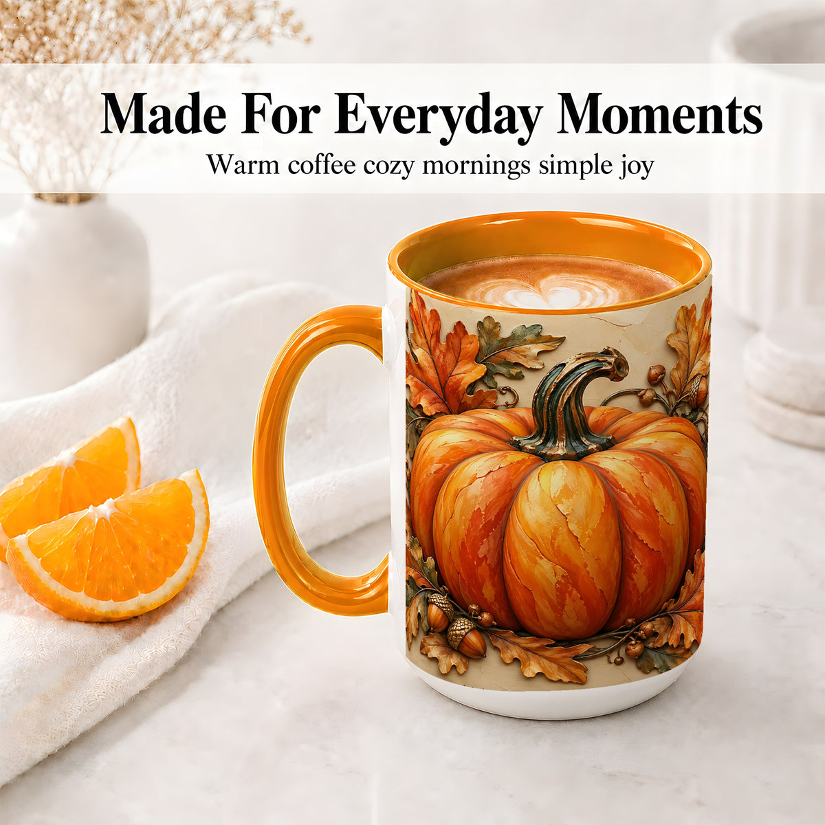 #pl[15oz|Orange] Autumn Pumpkin Mug, Ceramic Mug with Oak Leaves and Acorns