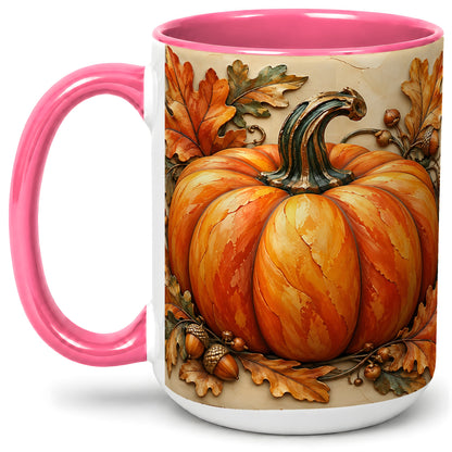 #pl[15oz|Pink] Autumn Pumpkin Mug, Ceramic Mug with Oak Leaves and Acorns
