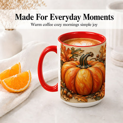 #pl[15oz|Red] Autumn Pumpkin Mug, Ceramic Mug with Oak Leaves and Acorns