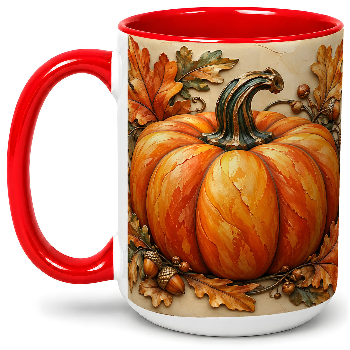 #pl[15oz|Red] Autumn Pumpkin Mug, Ceramic Mug with Oak Leaves and Acorns
