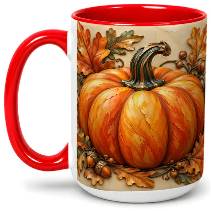 #pl[15oz|Red] Autumn Pumpkin Mug, Ceramic Mug with Oak Leaves and Acorns