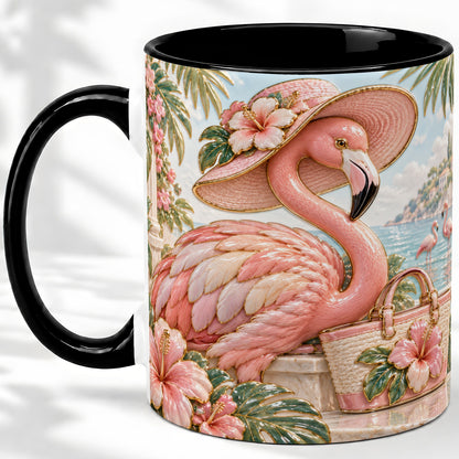 #pl[11oz|Black] Tropical Flamingo Ceramic Mug, Coastal Bird Design for Bird Lovers
