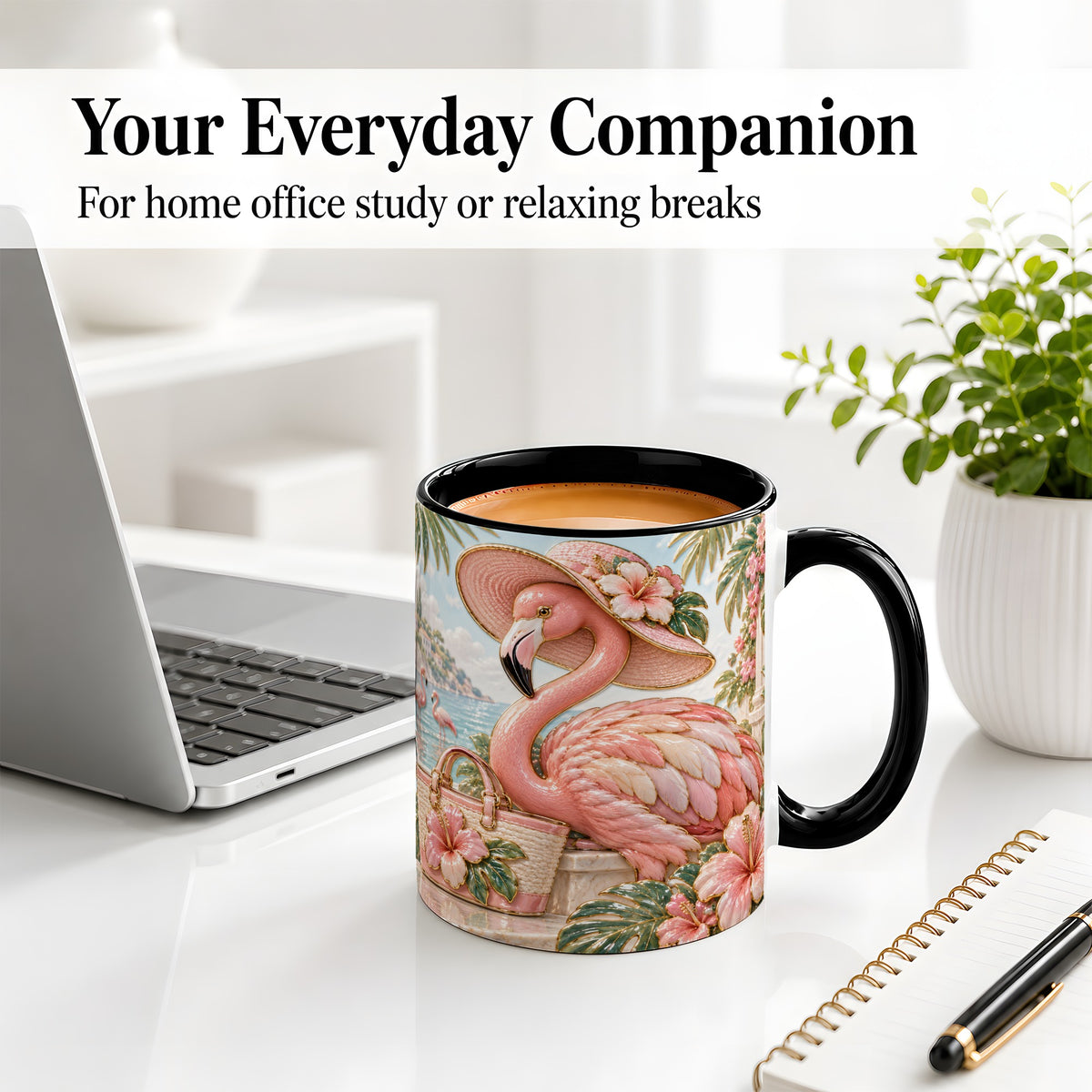 #pl[11oz|Black] Tropical Flamingo Ceramic Mug, Coastal Bird Design for Bird Lovers