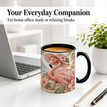#pl[11oz|Black] Tropical Flamingo Ceramic Mug, Coastal Bird Design for Bird Lovers