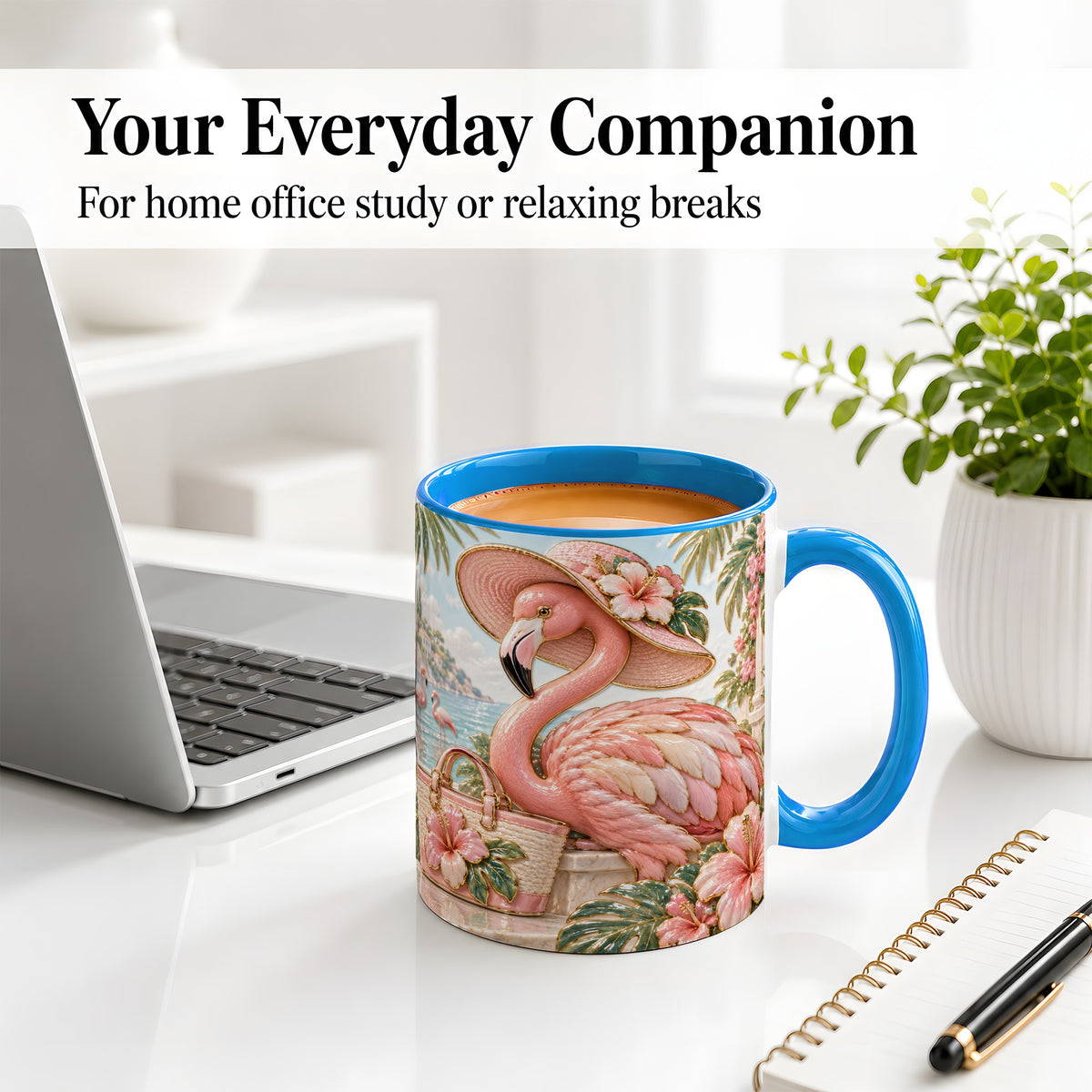 #pl[11oz|Blue] Tropical Flamingo Ceramic Mug, Coastal Bird Design for Bird Lovers
