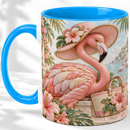 #pl[11oz|Blue] Tropical Flamingo Ceramic Mug, Coastal Bird Design for Bird Lovers