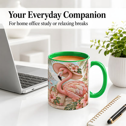 #pl[11oz|Green] Tropical Flamingo Ceramic Mug, Coastal Bird Design for Bird Lovers
