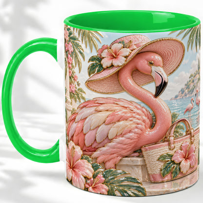 #pl[11oz|Green] Tropical Flamingo Ceramic Mug, Coastal Bird Design for Bird Lovers
