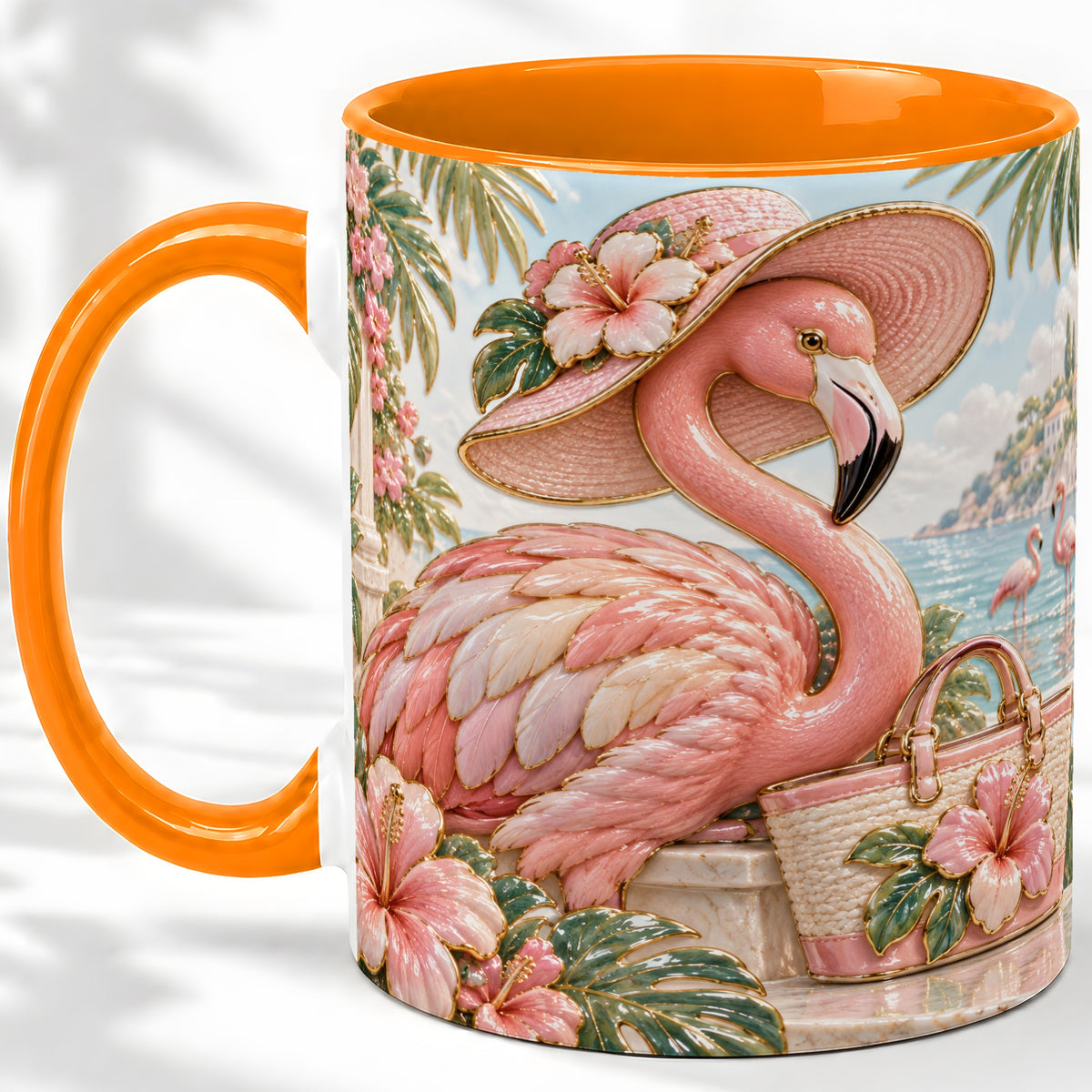 #pl[11oz|Orange] Tropical Flamingo Ceramic Mug, Coastal Bird Design for Bird Lovers